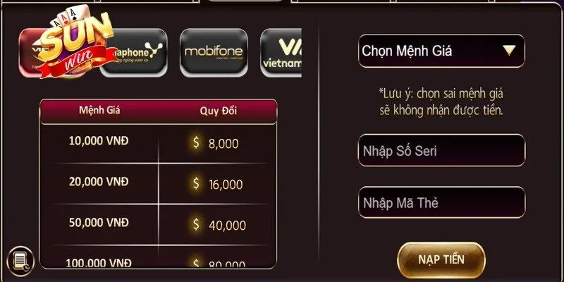 Nạp tiền vào ví Sunwin miễn phí bằng các loại thẻ cào an toàn